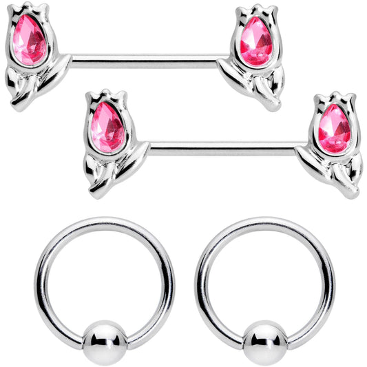 14G 7/16 1/2 Pink Gem Flowers BCR Barbell Nipple Ring Set of 4