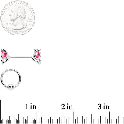 14G 7/16 1/2 Pink Gem Flowers BCR Barbell Nipple Ring Set of 4