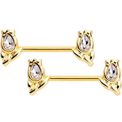 14G Clear Gem Gold Tone Flowers BCR Barbell Nipple Ring Set