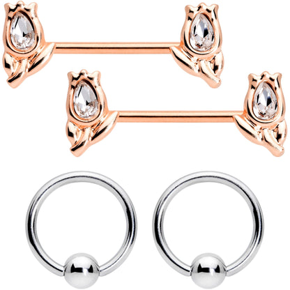 14G Clear Gem Rose Gold Tone Flowers BCR Barbell Nipple Ring Set