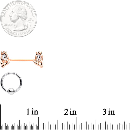 14G Clear Gem Rose Gold Tone Flowers BCR Barbell Nipple Ring Set