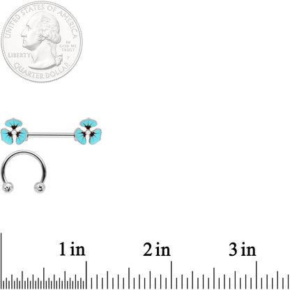 14G Clear Gem Blue Flower Horseshoe Barbell Nipple Ring Set of 4