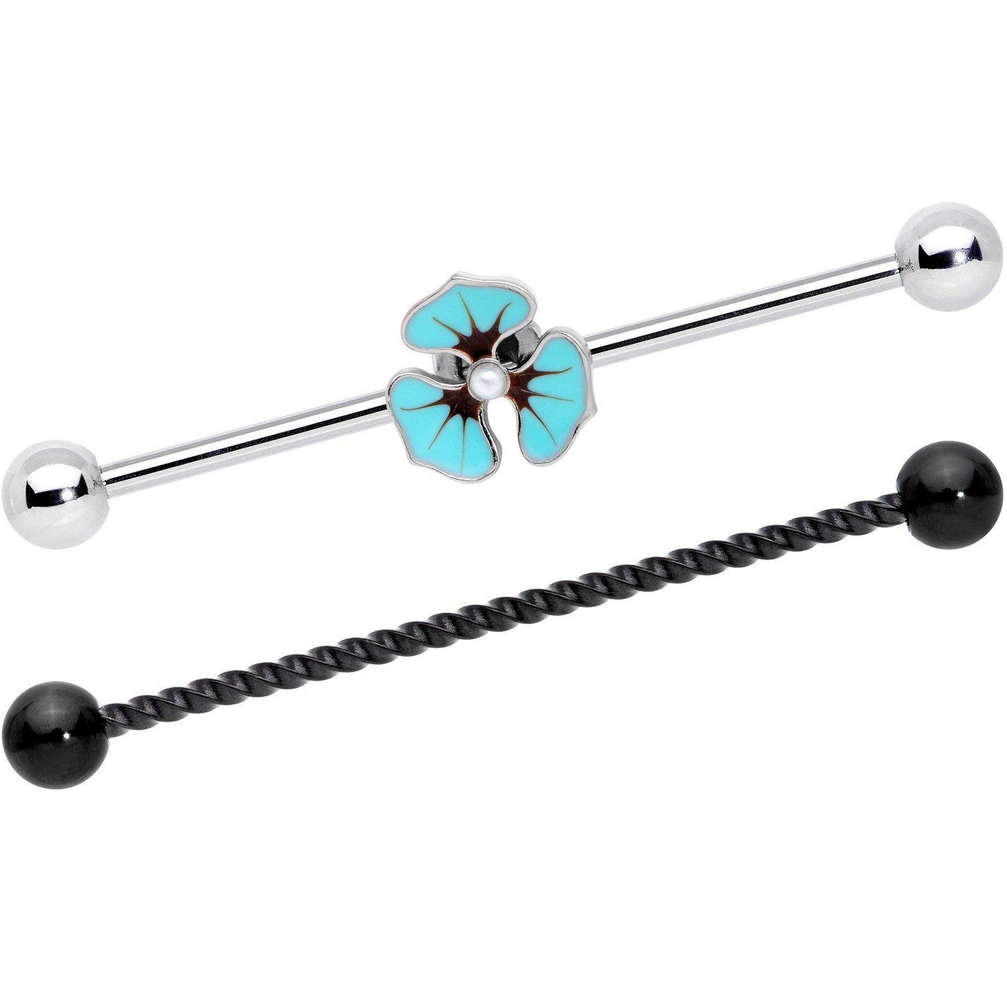 14G Tropic Blue Flower Black Twisted Industrial Barbell Set 38mm