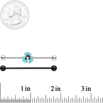 14G Tropic Blue Flower Black Twisted Industrial Barbell Set 38mm