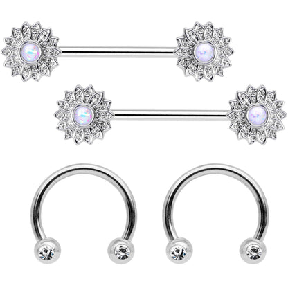 14G 9/16 1/2 White Faux Opal Horseshoe Barbell Nipple Ring Set