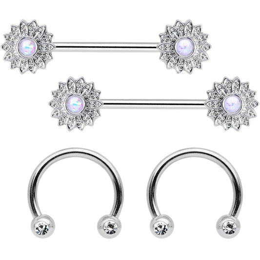 14G 9/16 1/2 White Faux Opal Horseshoe Barbell Nipple Ring Set