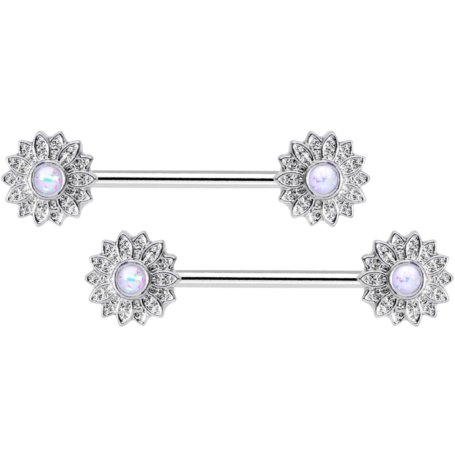 14G 9/16 1/2 White Faux Opal Horseshoe Barbell Nipple Ring Set