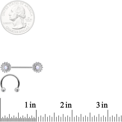 14G 9/16 1/2 White Faux Opal Horseshoe Barbell Nipple Ring Set