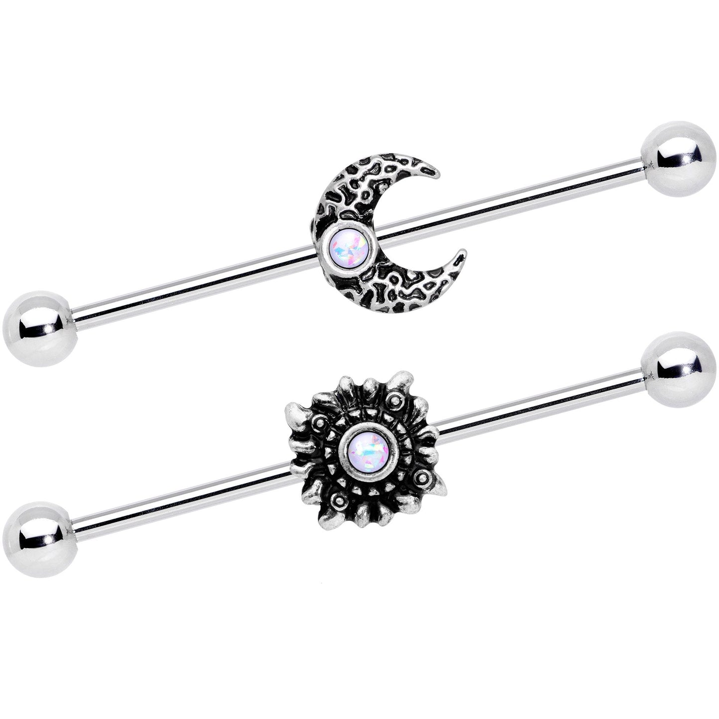 14G White Faux Opal Sun Moon Industrial Barbell Set 38mm