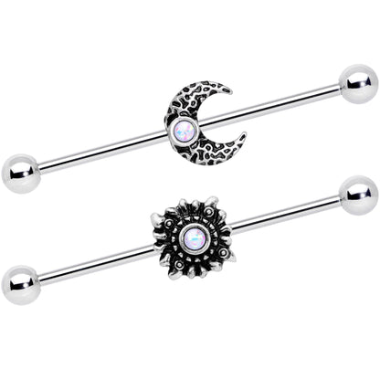 14G White Faux Opal Sun Moon Industrial Barbell Set 38mm