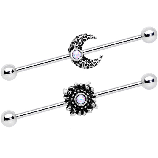 14G White Faux Opal Sun Moon Industrial Barbell Set 38mm