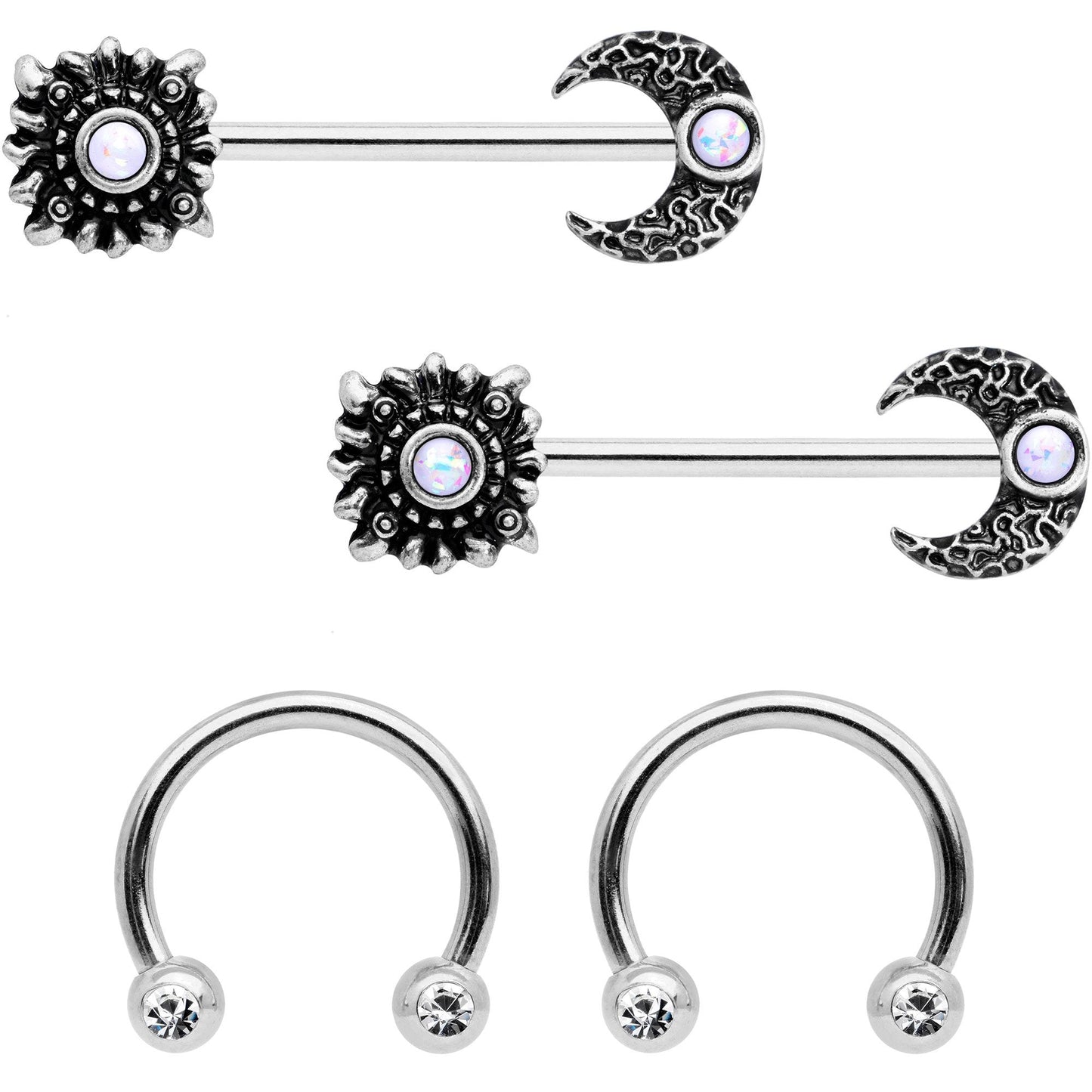 14G 9/16 Clear Gem Sun Moon Horseshoe Barbell Nipple Ring Set