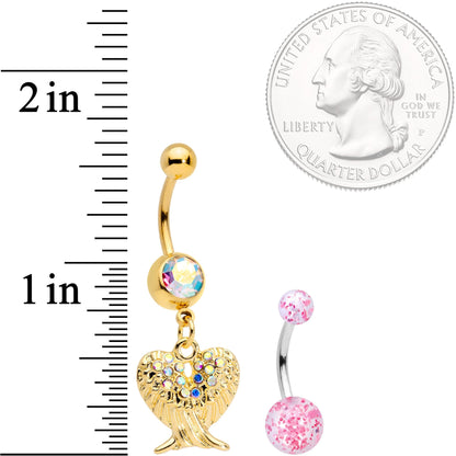 Aurora Gem Gold Tone Angel Wings Pink Confetti Belly Ring Set of 3