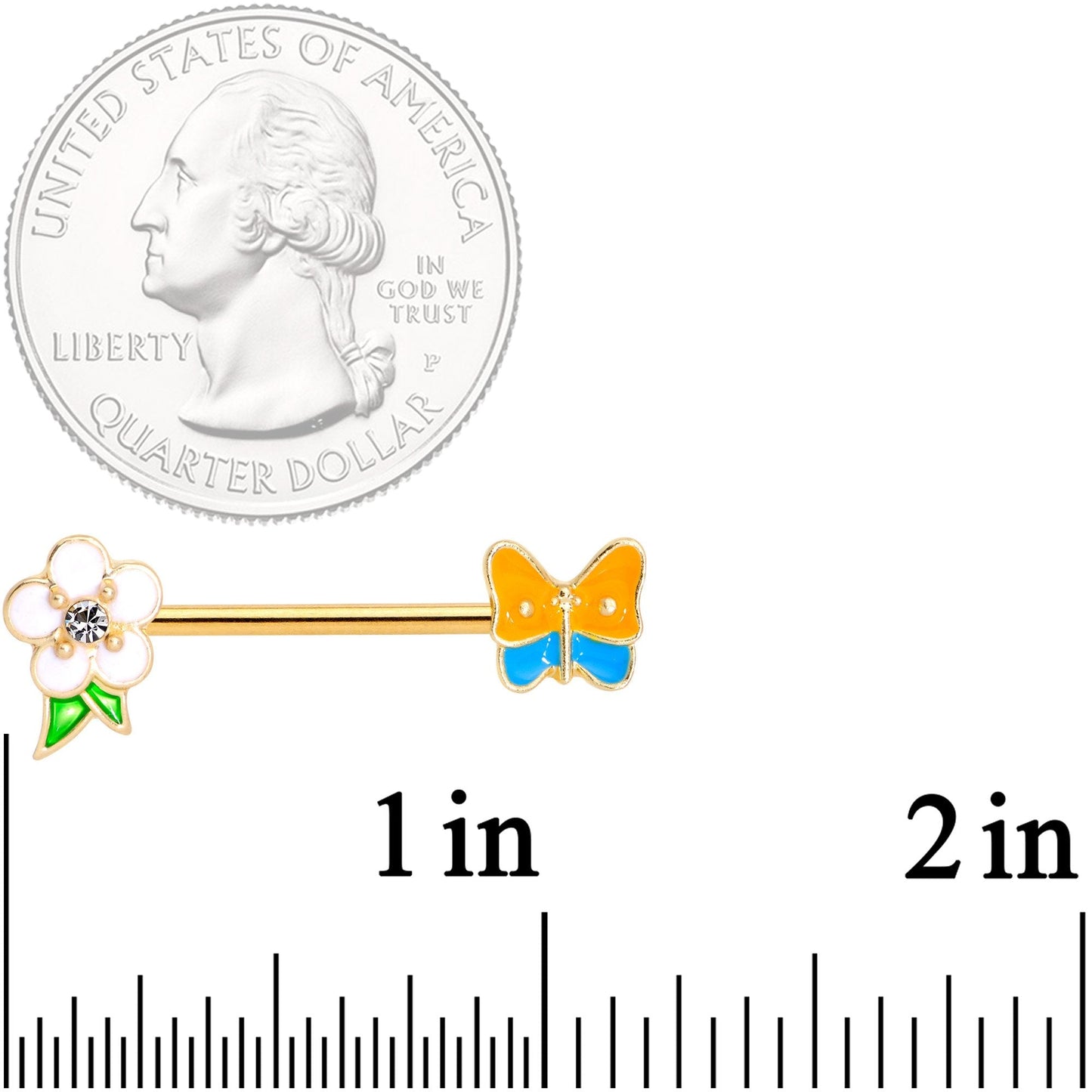 14G Gold Tone Spring Butterfly Flower Barbell Nipple Ring Set