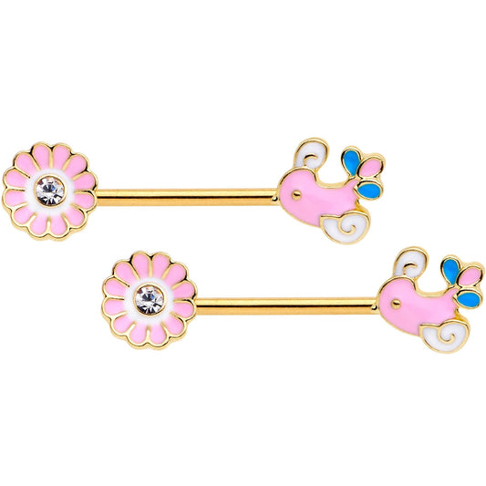 14G 9/16 Gold Tone Pink Bird Flower Barbell Nipple Ring Set