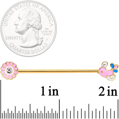 14G Clear Gem Gold Tone Pink Bird Flower Industrial Barbell 38mm