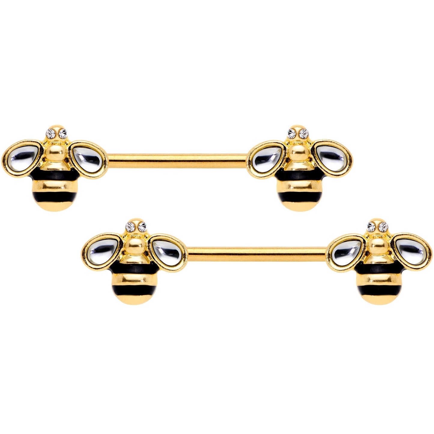 14G 9/16 Clear Gem Gold Tone Bumblebee Bling Nipple Ring Set