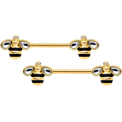14G 9/16 Clear Gem Gold Tone Bumblebee Bling Nipple Ring Set