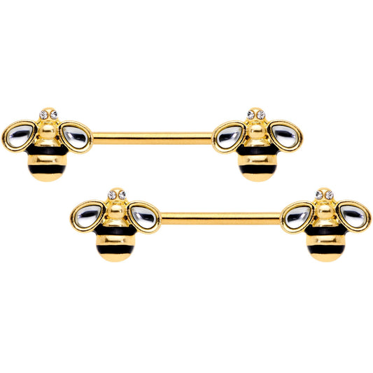 14G 9/16 Clear Gem Gold Tone Bumblebee Bling Nipple Ring Set