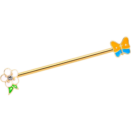 14G Multicolor Gold Tone Butterfly Flower Industrial Barbell 38mm