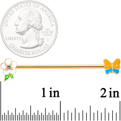 14G Multicolor Gold Tone Butterfly Flower Industrial Barbell 38mm