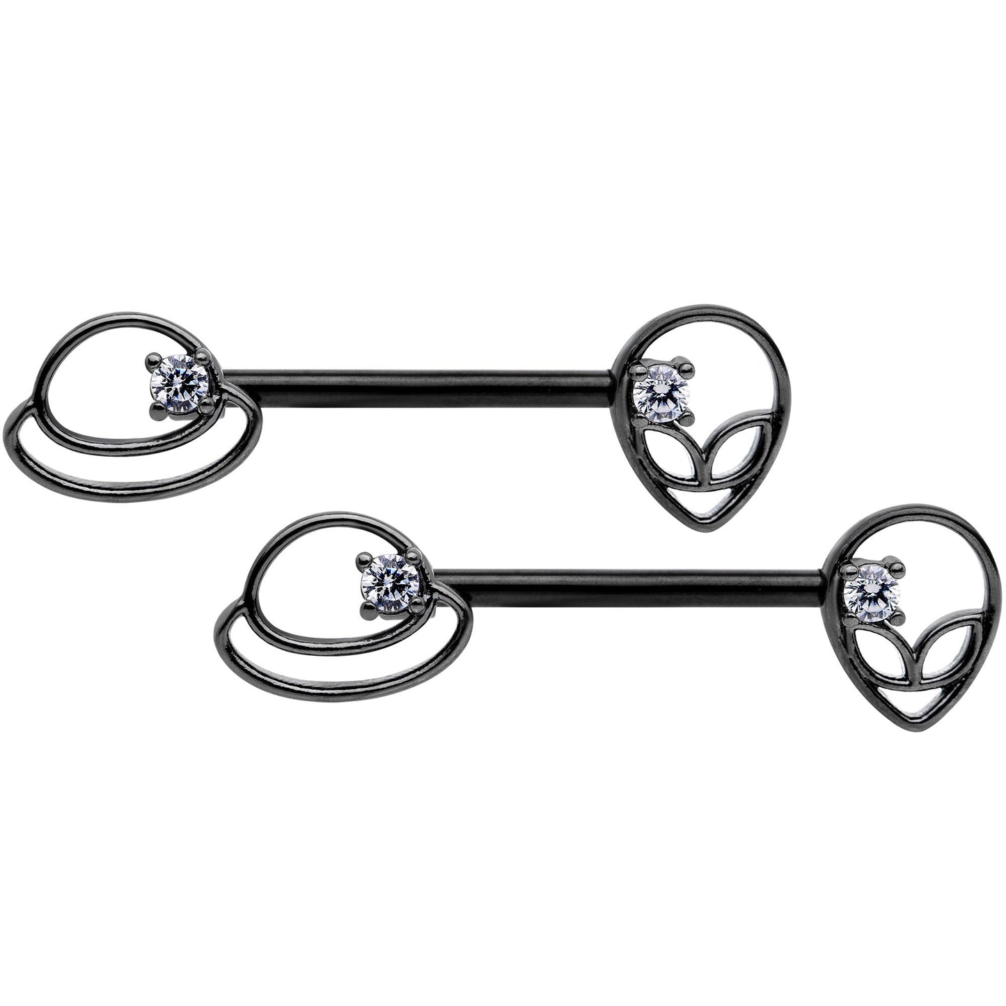 14G 9/16 Clear CZ Gem Black Saturn Alien Barbell Nipple Ring Set