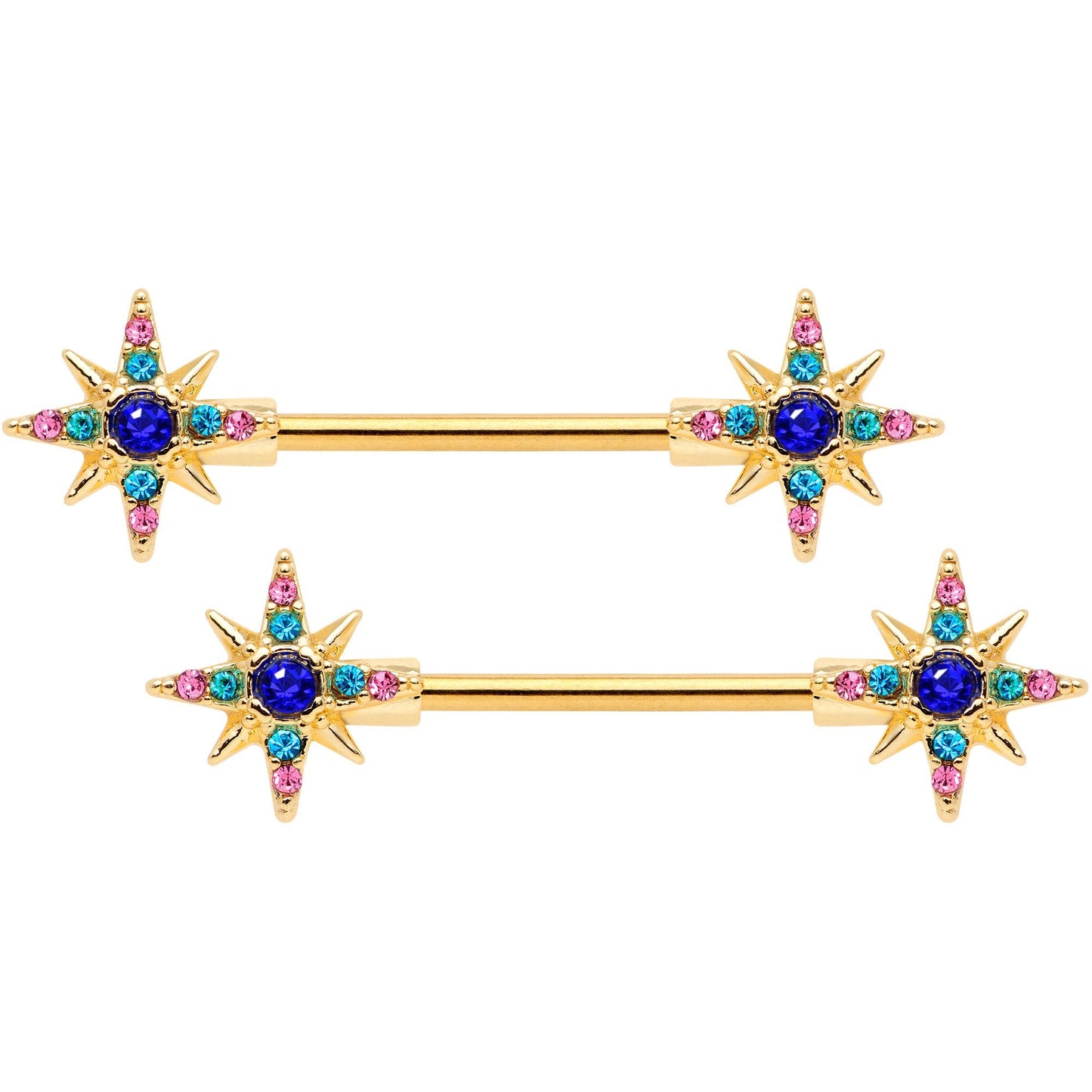 14G 9/16 Aqua Green Gem Gold Tone Star Barbell Nipple Ring Set