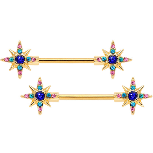 14G 9/16 Aqua Green Gem Gold Tone Star Barbell Nipple Ring Set