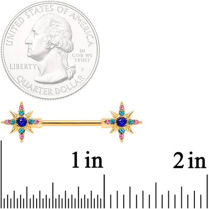 14G 9/16 Aqua Green Gem Gold Tone Star Barbell Nipple Ring Set