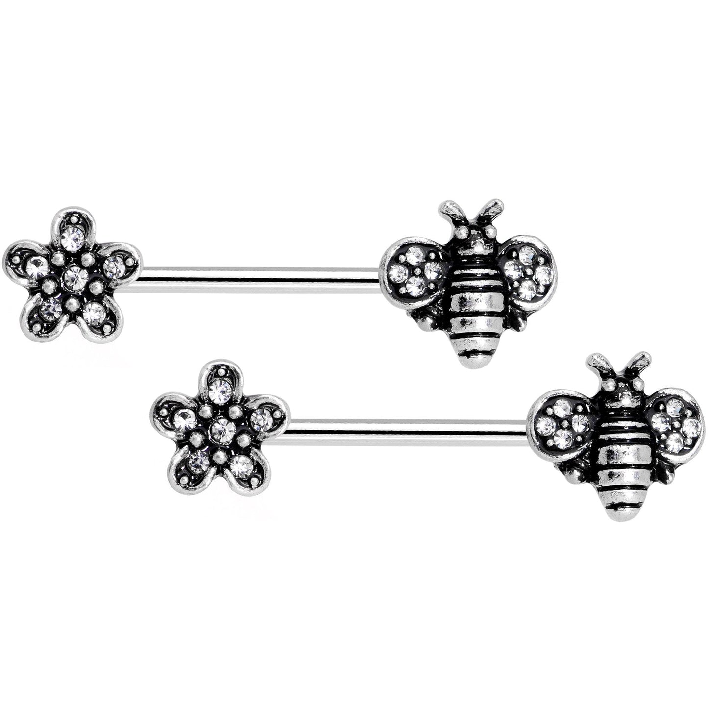 14G 5/8 Clear Gem Bee and Blossom Barbell Nipple Ring Set