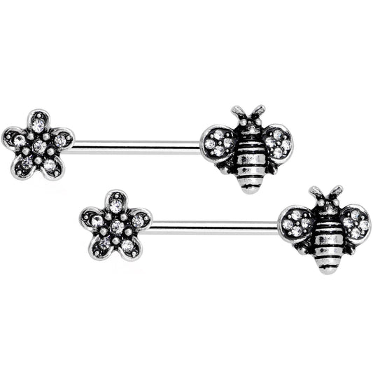 14G 5/8 Clear Gem Bee and Blossom Barbell Nipple Ring Set