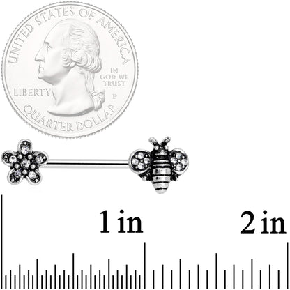 14G 5/8 Clear Gem Bee and Blossom Barbell Nipple Ring Set