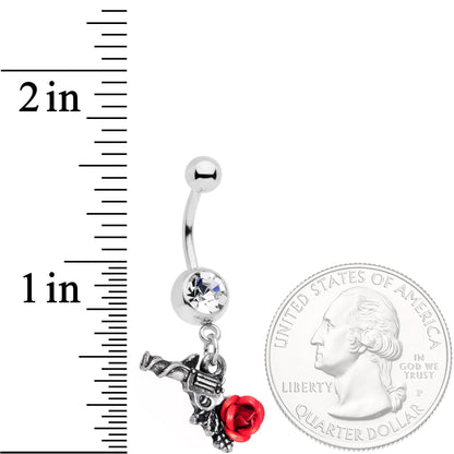 Clear Gem Red Rose Flower and Gun Dangle Belly Ring