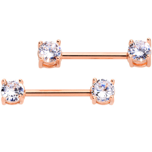 14G 9/16 Clear CZ Gem Rose Gold Tone Nipple Barbell Set