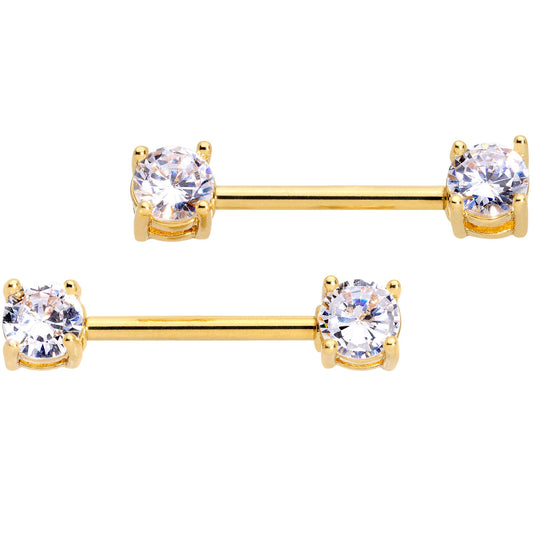 14G 9/16 Clear CZ Gem Gold Tone Barbell Nipple Ring Set