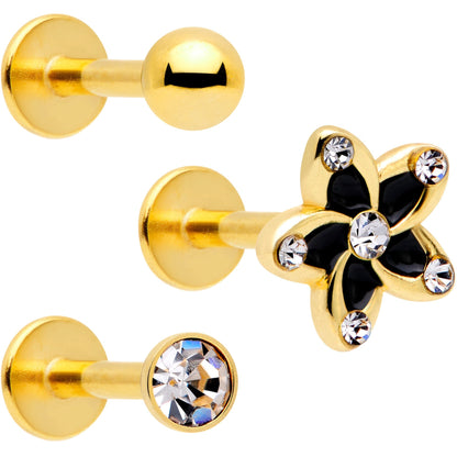 16G 5/16 Clear Gem Gold Tone Black Flower Labret Set of 3