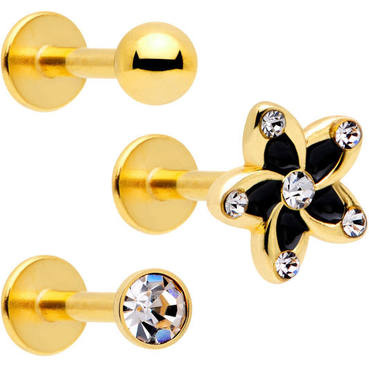 16G 5/16 Clear Gem Gold Tone Black Flower Labret Set of 3