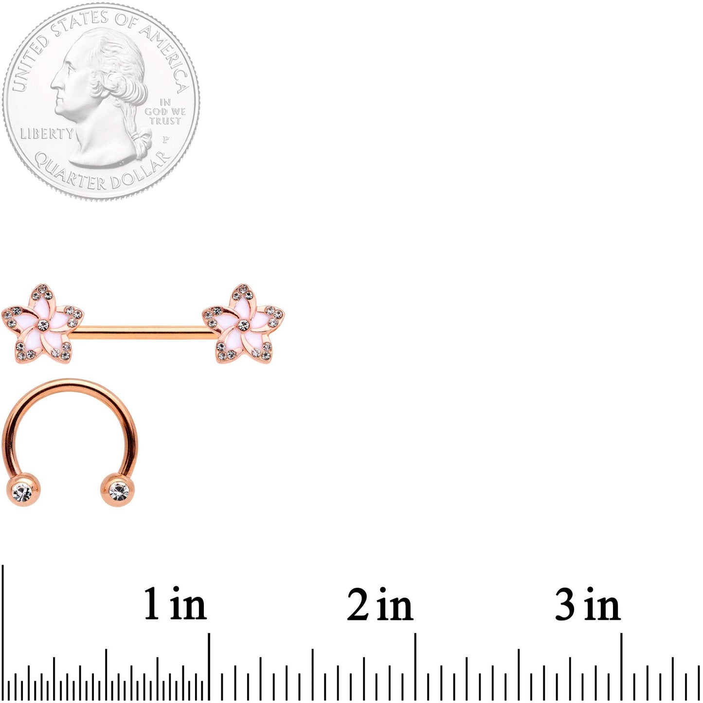 Clear Gem Rose Gold Tone Flower Horseshoe Barbell Nipple Ring Set of 4