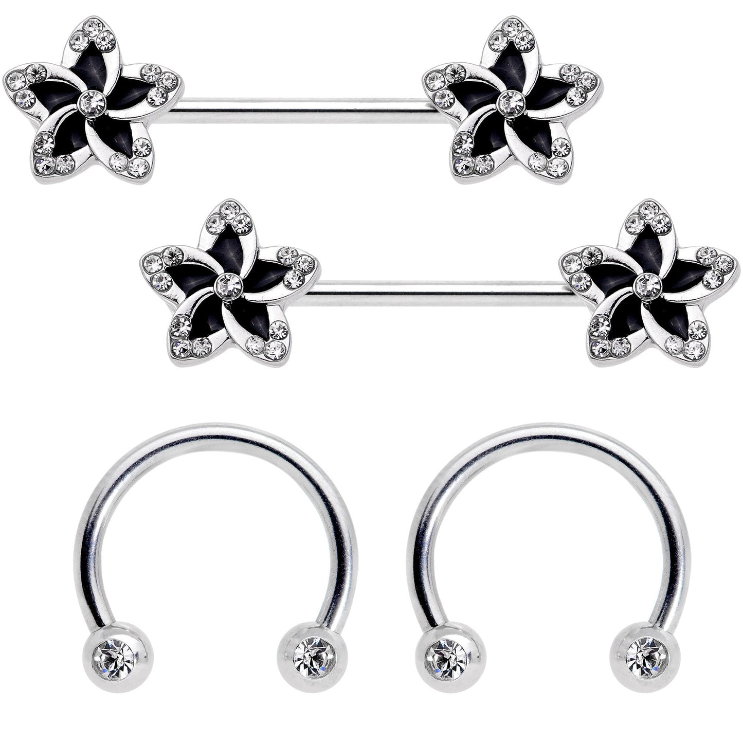 14G Clear Gem Black Flower Horseshoe Barbell Nipple Ring Set of 4