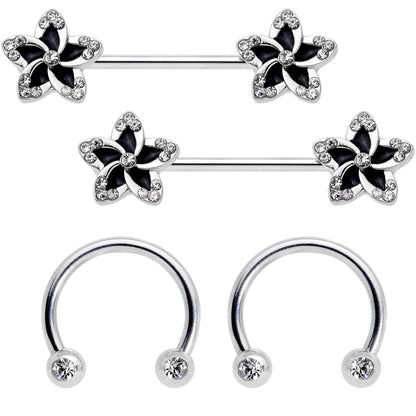 14G Clear Gem Black Flower Horseshoe Barbell Nipple Ring Set of 4