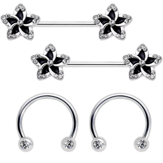 14G Clear Gem Black Flower Horseshoe Barbell Nipple Ring Set of 4