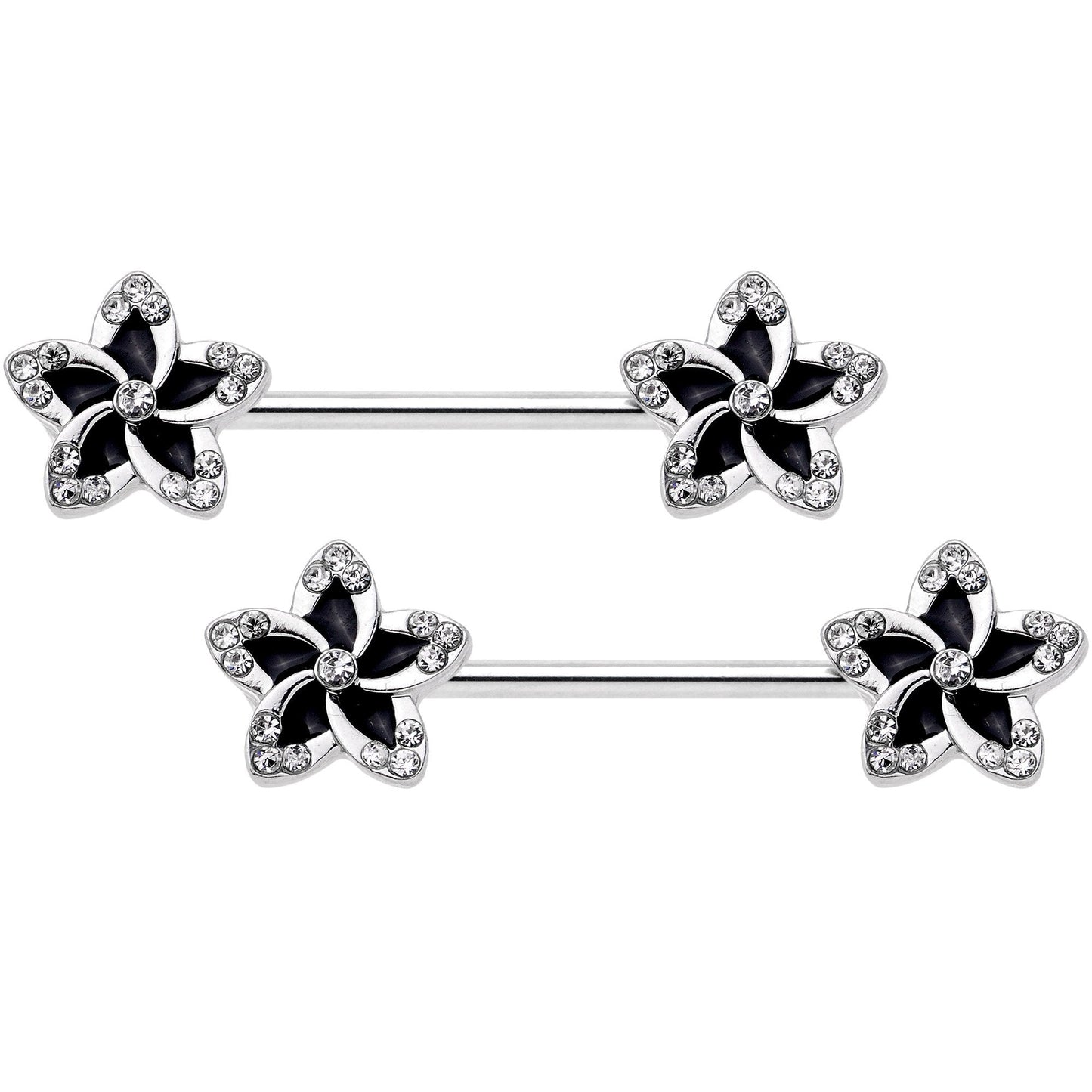 14G Clear Gem Black Flower Horseshoe Barbell Nipple Ring Set of 4