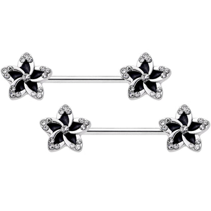 14G Clear Gem Black Flower Horseshoe Barbell Nipple Ring Set of 4