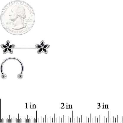 14G Clear Gem Black Flower Horseshoe Barbell Nipple Ring Set of 4