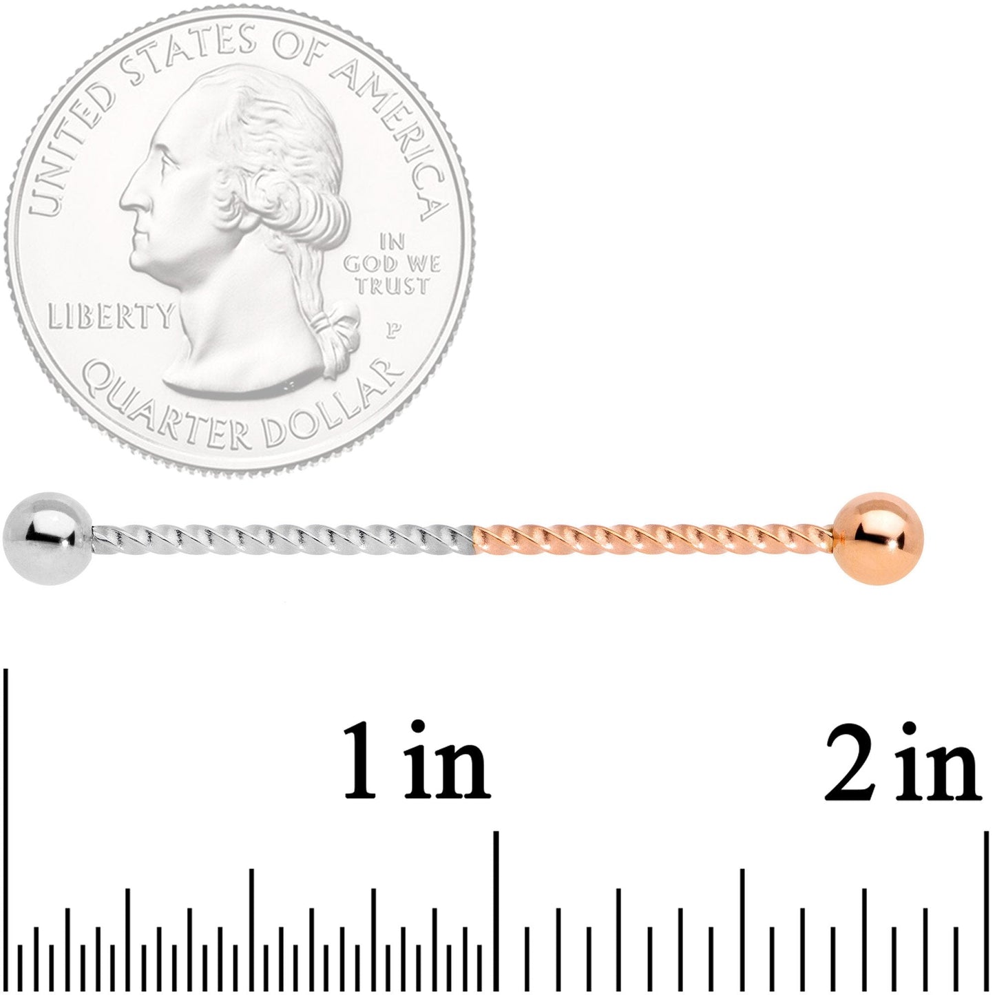 14G Rose Gold Tone Steel Two Tone Twisted Industrial Barbell 38mm