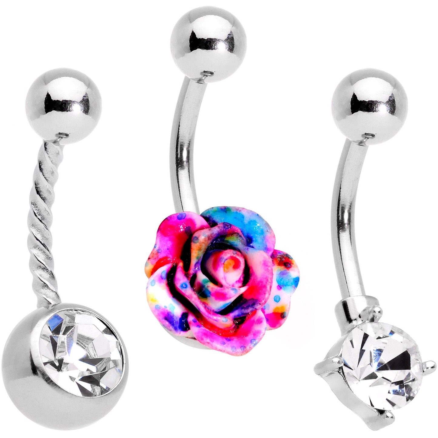 Clear Gem Multicolor Three Dimensional Flower Belly Ring Set of 3