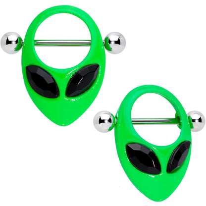14G 5/8 Black Gem Green Glow in the Dark Alien Nipple Shield Set