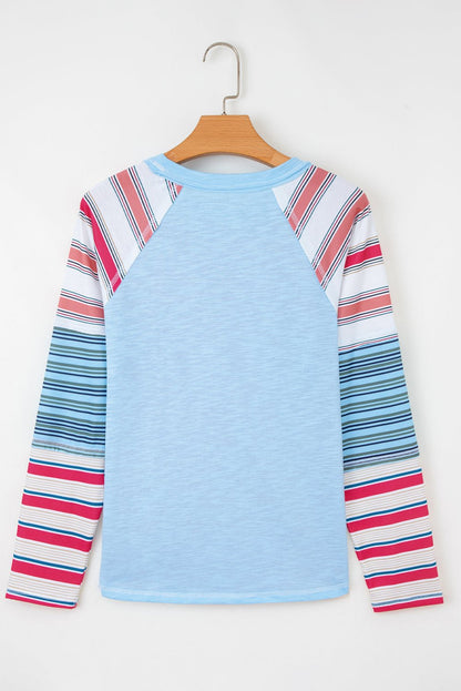 Pink Color Block Round Neck Exposed Seam Patchwork Striped Long Sleeve Top - Jaico Online Shop