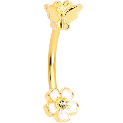 16G 3/8 Clear Gem Gold Tone White Posy Flower Curved Eyebrow Ring