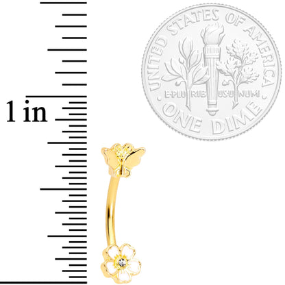 16G 3/8 Clear Gem Gold Tone White Posy Flower Curved Eyebrow Ring